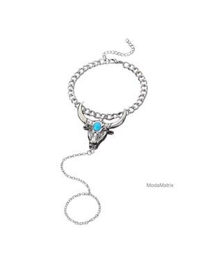Western Turquoise Cow Skull Hand Chain Bracelet Link Curb Chain